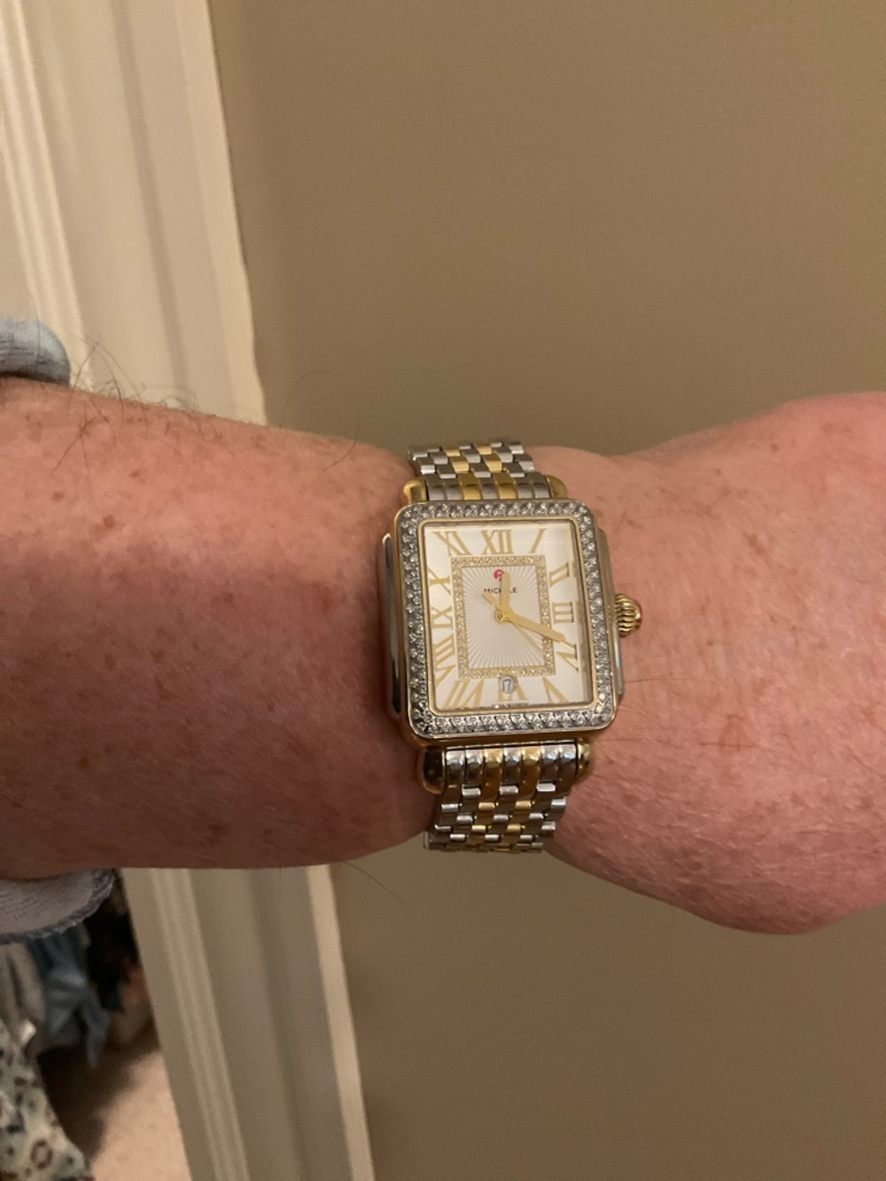 Michele Two-Tone Gold and Silver Diamond Bezel Square Watch with Red Crown - Picture 7 of 10